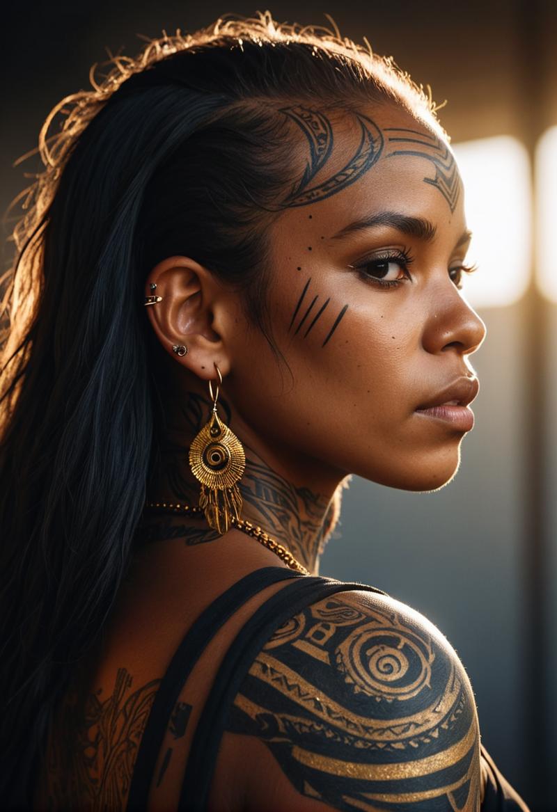 00942-3118364865-hyper realistic photograph, portrait of a tattooed southamerican indigenous black woman, future punk, gold tattoo line, side pro.png